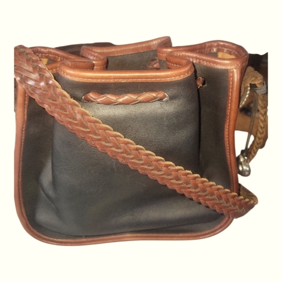 Brighton Vintage Outwest Black and Brown Leather Drawstring Bucket Bag - Picture 3 of 10